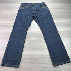Monarchy Jeans Mens 36x32 Blue Straight Leg Embroidered Flap Pockets Studded